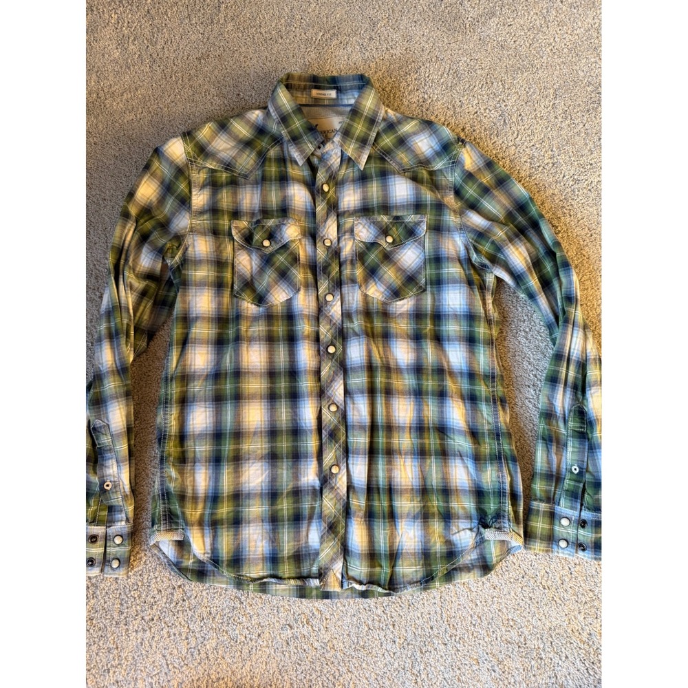 American Eagle Mens Vintage Fit Western Pearl Snap Plaid Shirt Green Blue Medium
